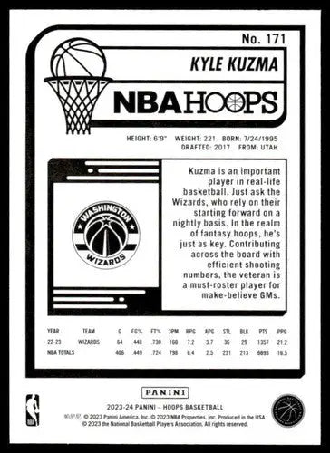 Kyle Kuzma Panini Hoops basketball card with original gloss from 2023-24 Wizards collection