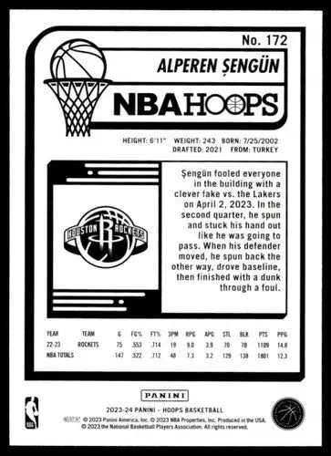 Basketball card featuring Alperen Sengun in original gloss from Panini Hoops 2023-24