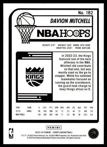Original gloss Panini Hoops Davion Mitchell NBA basketball card 2023-24 Sac Kings