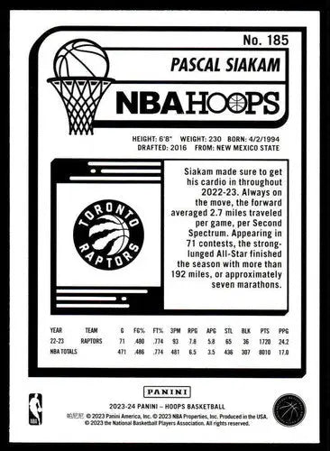 Original gloss Panini Hoops basketball trading card of Pascal Siakam Raptors 2023-24