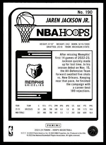 Basketball card back showing original gloss for Jaren Jackson Jr. Panini Hoops 2023-24
