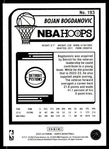 Basketball card featuring Bojan Bogdanovic from Panini Hoops 2023-24 original gloss
