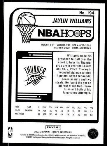 Original gloss Panini Hoops basketball card featuring Jaylin Williams Thunder NM
