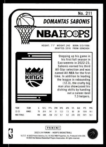 2023-24 Panini Hoops #211 Domantas Sabonis NM Near Mint Sac Kings ID:65562 - Basketball Card Single