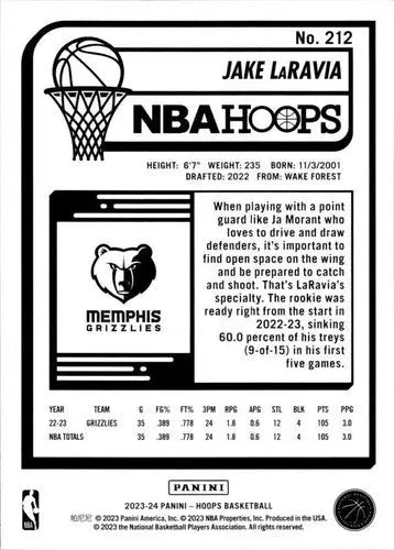 Jake LaRavia NBA Hoops basketball card from 2023-24 Panini Hoops original gloss