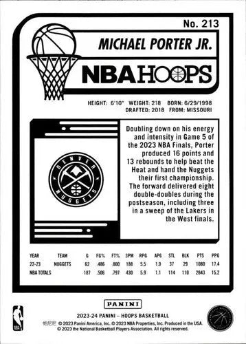 Basketball card back featuring Michael Porter Jr. from 2023-24 Panini Hoops NM Near Mint
