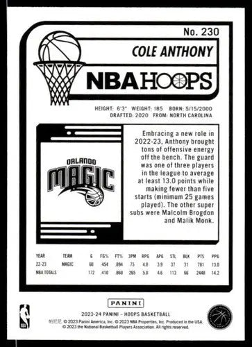 Basketball card back featuring Cole Anthony from Panini Hoops 2023-24 original gloss