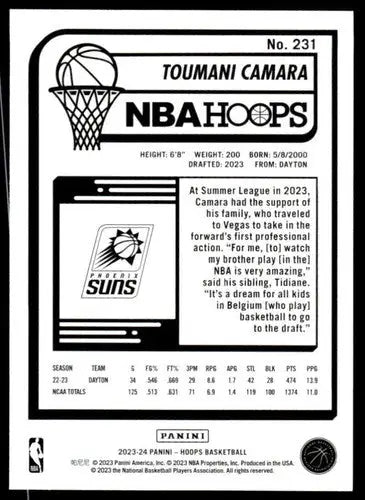 Original gloss Panini Hoops Toumani Camara basketball card from 2023-24 set