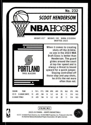 2023-24 Panini Hoops #232 Scoot Henderson NM Near Mint RC Rookie Blazer ID:65568 - Basketball Card Single