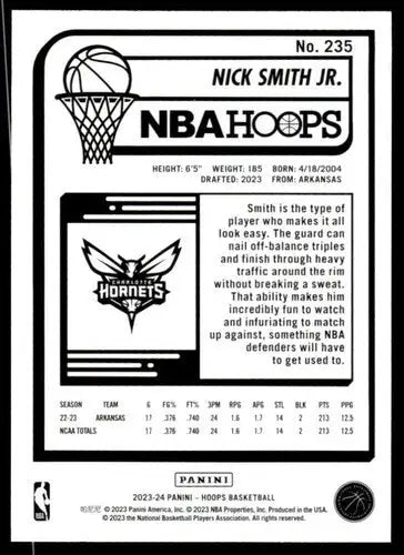 2023-24 Panini Hoops #235 Nick Smith Jr. NM Near Mint RC Rookie Hornets ID:65569 - Basketball Card Single