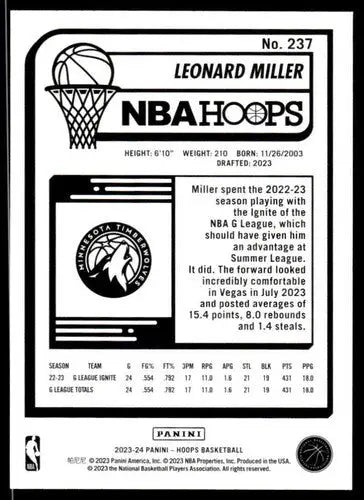 Basketball card of rookie Timberwolves Leonard Miller from 2023-24 Panini Hoops with original gloss