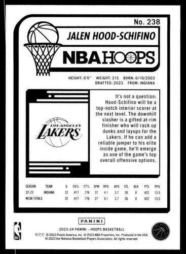 Basketball card featuring Jalen Hood-Schifino rookie Lakers from Panini Hoops 2023-24