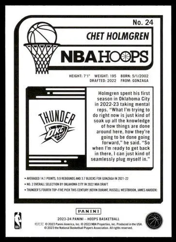 2023-24 Panini Hoops Chet Holmgren basketball card with original gloss NM-MT Thunder