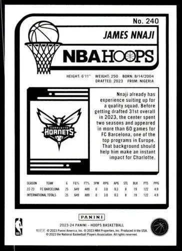 Basketball card featuring James Nnaji rookie Hornets from 2023-24 Panini Hoops
