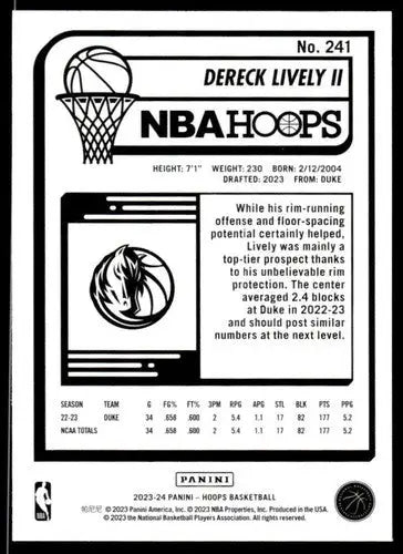 Dereck Lively II rookie Mavericks Panini Hoops 2023-24 basketball card alt image