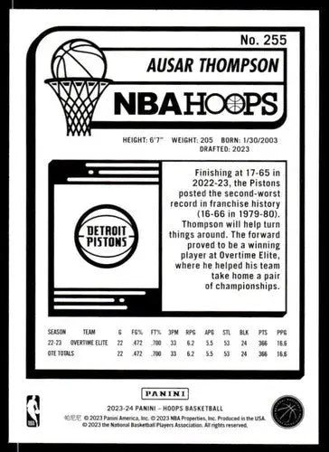 Original gloss Panini Hoops basketball card of Ausar Thompson Rookie Pistons 2023-24