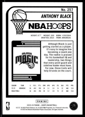 Anthony Black NBA Hoops basketball card original gloss mint RC rookie in product 2023-24 Panini