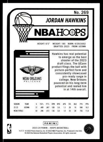 2023-24 Panini Hoops #269 Jordan Hawkins NM Near Mint RC Rookie Pelican ID:65577 - Basketball Card Single