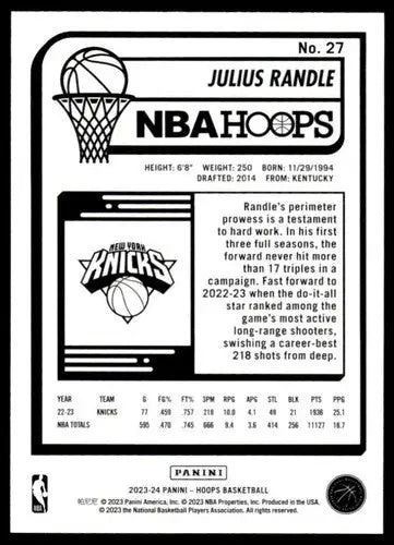 Original gloss Panini Hoops Julius Randle basketball card from 2023-24 Knicks collection