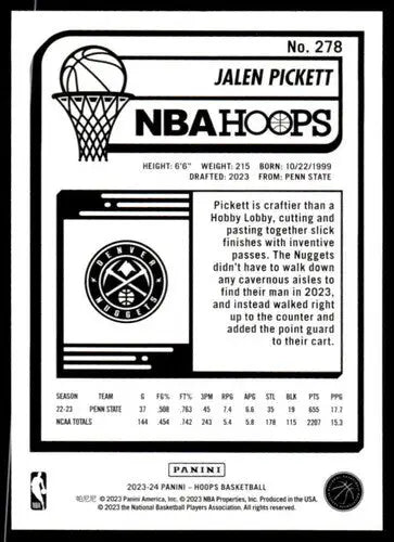 2023-24 Panini Hoops #278 Jalen Pickett NM-MT RC Rookie Nuggets ID:68374 - Basketball Card Single