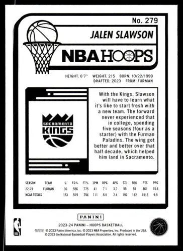 Basketball card showing Jalen Slawson rookie Sac Kings Panini Hoops 2023-24