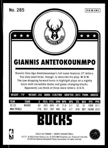 2023-24 Panini Hoops #285 Giannis Antetokounmpo NM-MT Bucks ID:68368 - Basketball Card Single