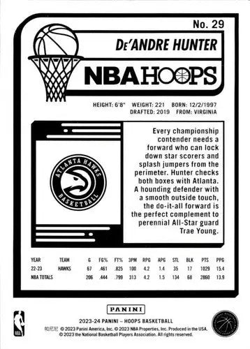 De’Andre Hunter basketball card from Panini Hoops 2023-24 with original gloss and ID 68432
