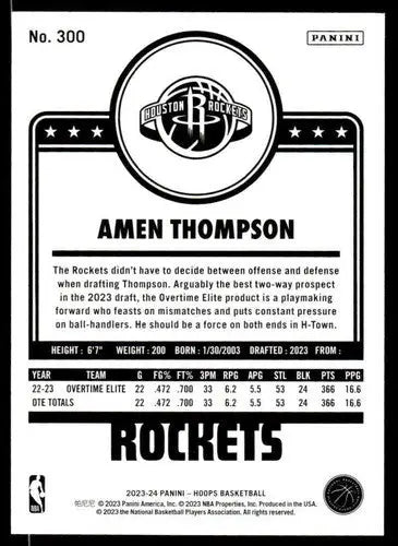 2023-24 Panini Hoops #300 Amen Thompson NM-MT Rockets ID:68369 - Basketball Card Single