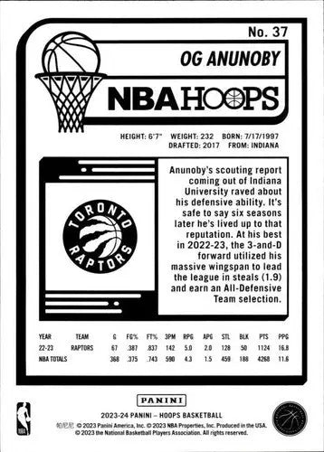 2023-24 Panini Hoops #37 OG Anunoby NM Near Mint Raptors ID:65516 - Basketball Card Single