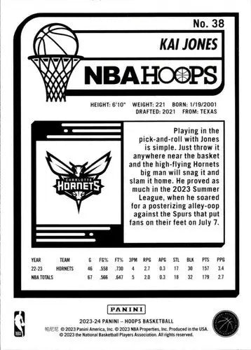 Original gloss Panini Hoops Kai Jones NBA card from 2023-24 Hornets collection