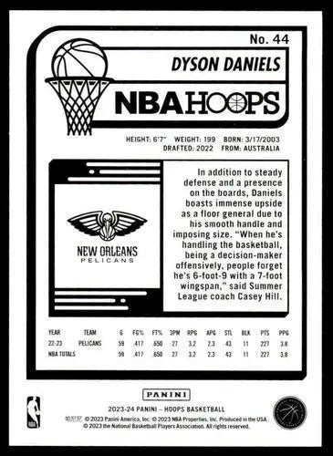 Original gloss Panini Hoops Dyson Daniels basketball card 2023-24 Pelicans NM near mint