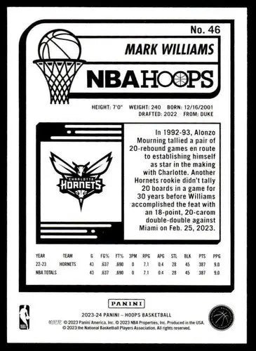 2023-24 Panini Hoops #46 Mark Williams NM-MT Hornets ID:68427 - Basketball Card Single