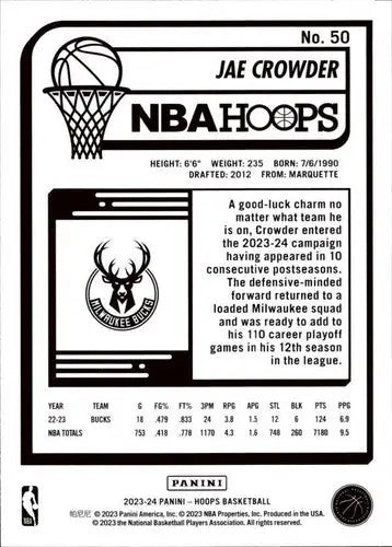Basketball card of Jae Crowder from Panini Hoops 2023-24 with original gloss
