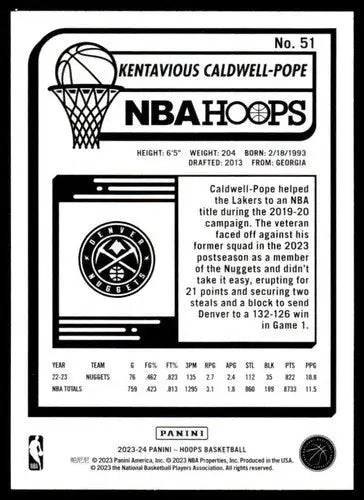 Basketball card back featuring Panini Hoops original gloss of Kentavious Caldwell-Pope