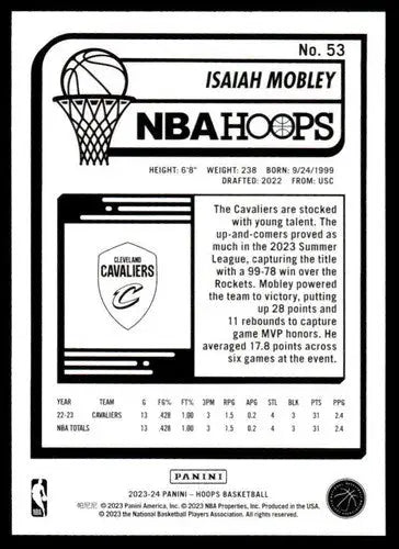 Isaiah Mobley basketball card from Panini Hoops 2023-24 with original gloss and NM-MT condition