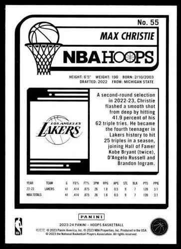 2023-24 Panini Hoops Max Christie basketball card with original gloss and Lakers ID