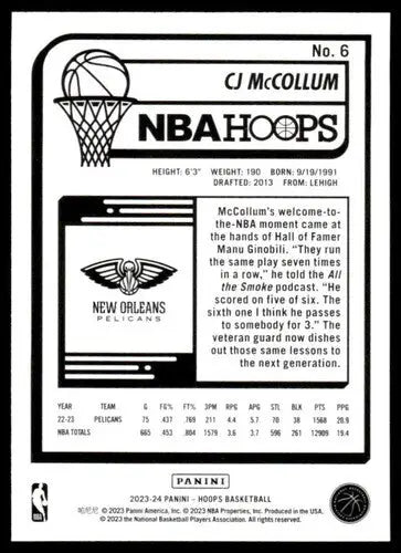 Basketball card back from 2023-24 Panini Hoops featuring CJ McCollum Pelicans original gloss