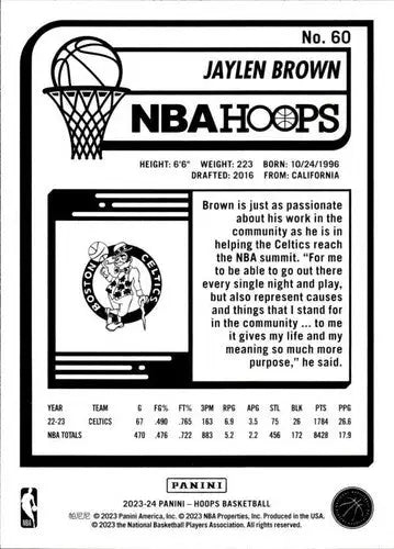 Original gloss Panini Hoops Jaylen Brown basketball card from 2023-24 collection