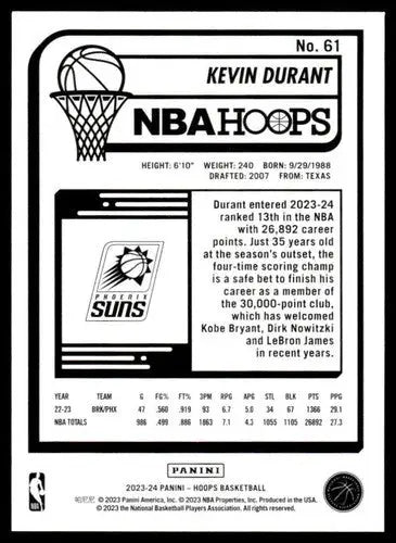 Kevin Durant basketball card from Panini Hoops 2023-24 with original gloss