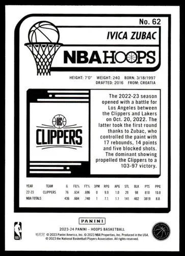 2023-24 Panini Hoops #62 Ivica Zubac NM-MT Clippers ID:68442 - Basketball Card Single