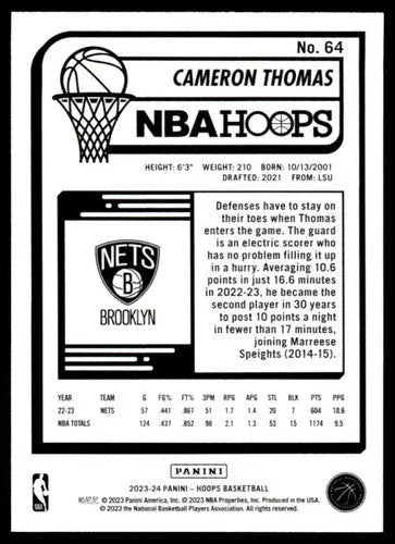 2023-24 Panini Hoops #64 Cameron Thomas NM Near Mint Nets ID:65527 - Basketball Card Single