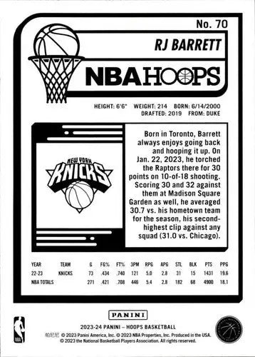 2023-24 Panini Hoops RJ Barrett basketball card with original gloss mint Knicks ID 65529