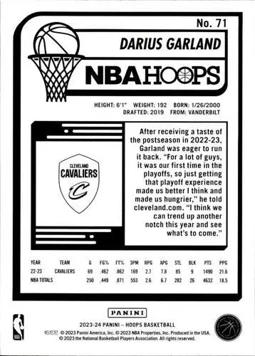 2023-24 Panini Hoops Darius Garland basketball card with original gloss