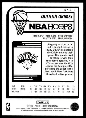 2023-24 Panini Hoops #83 Quentin Grimes NM-MT Knicks ID:68448 - Basketball Card Single