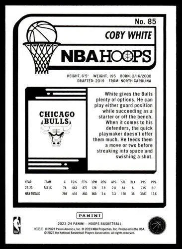 Original gloss Panini Hoops Coby White NBA basketball card 2023-24 Near Mint Bulls
