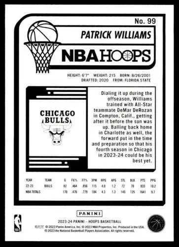 2023-24 Panini Hoops #99 Patrick Williams NM Near Mint Bulls ID:65534 - Basketball Card Single