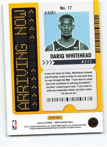 Original gloss Panini Hoops Dariq Whitehead basketball card for 2023-24 season