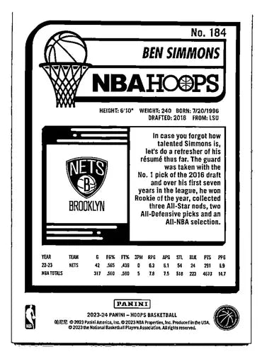 2023-24 Panini Hoops Blue #184 Ben Simmons NM Near Mint Nets ID:65504 - Basketball Card Single