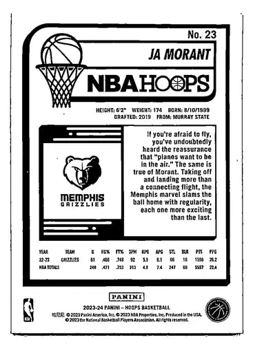 Original gloss Panini Hoops Blue Ja Morant basketball card from 2023-24 Panini Hoops