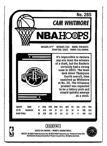 Basketball card from 2023-24 Panini Hoops Blue series featuring Cam Whitmore Rookie